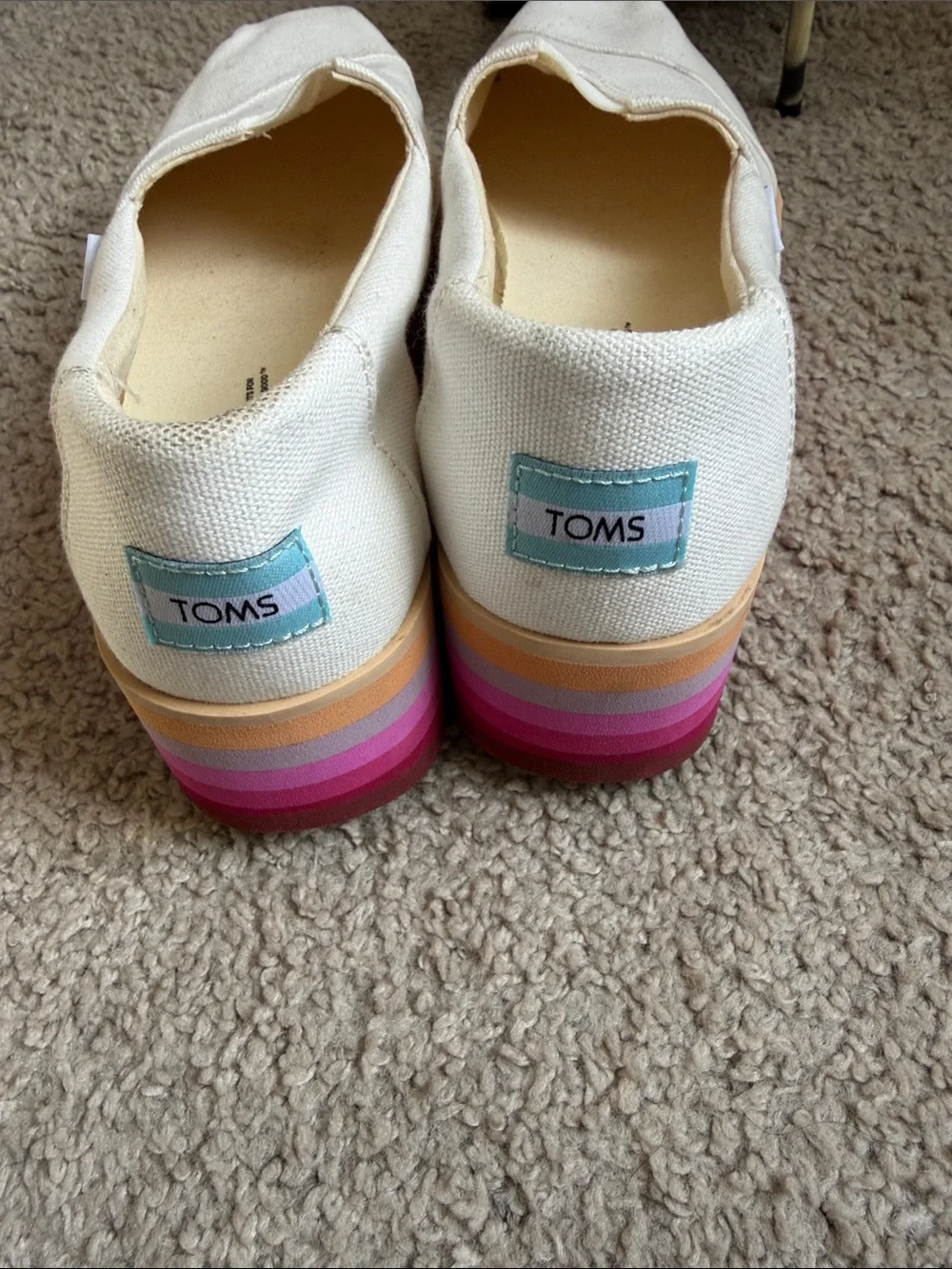 TOMS White Canvas Slip-On Platforms with Pink and Orange Gradient Sole